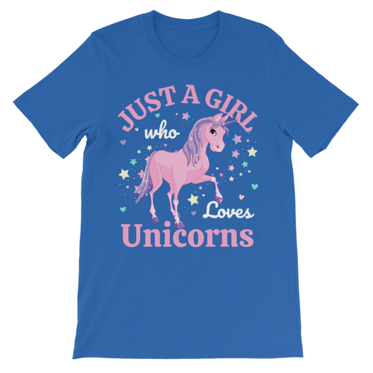 Royal blue kids unicorn graphic t-shirt featuring pink “Just A Girl Who Loves Unicorns” text and pastel stars, front view