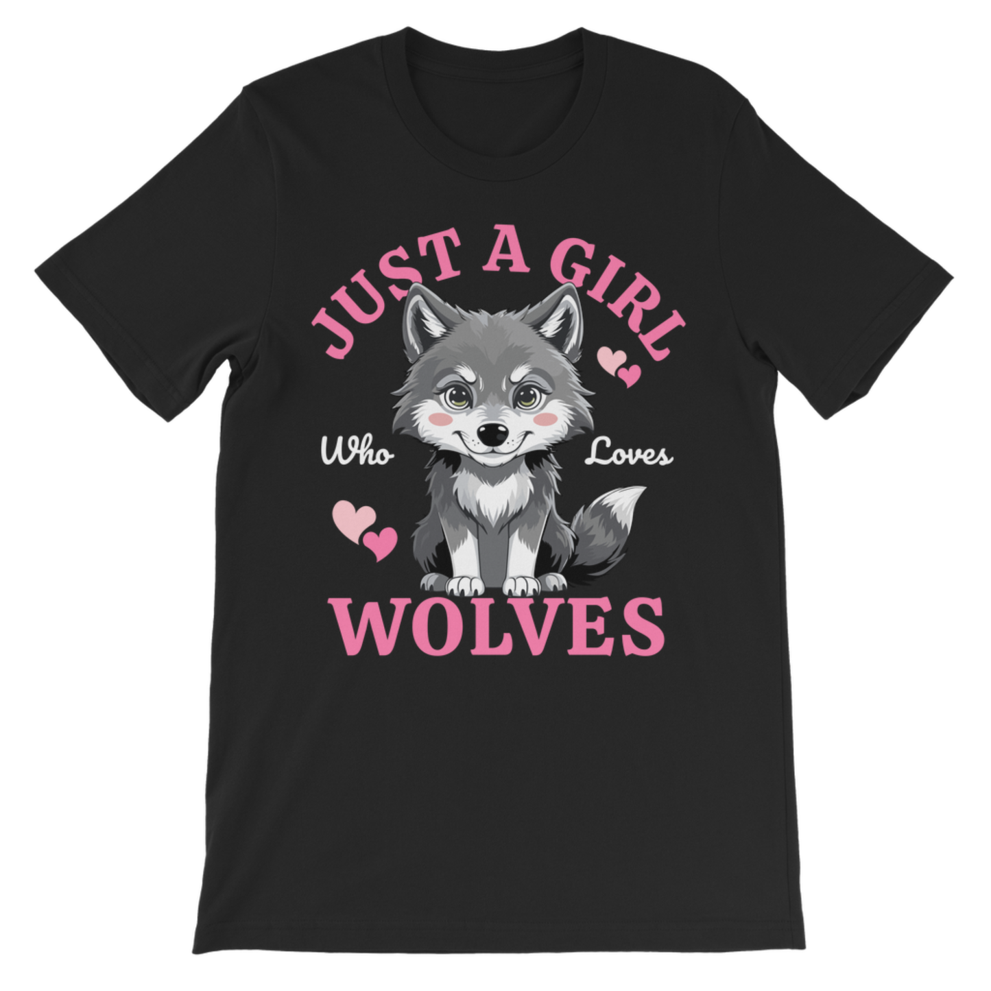 Girls black T-shirt with “Just A Girl Who Loves Wolves” slogan and cute grey wolf pup with pink hearts, girls wolf top for ages 3–13.