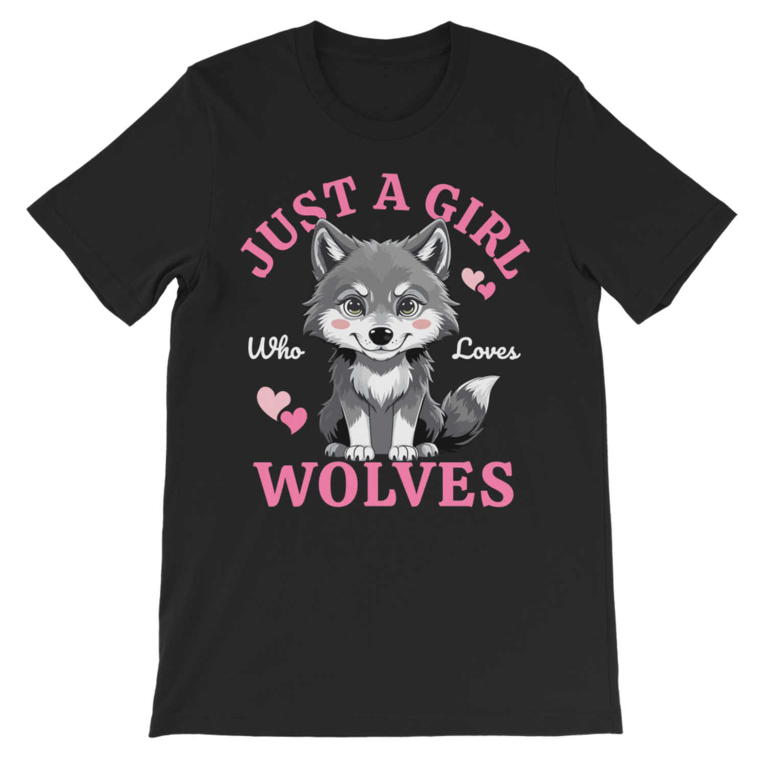 Girls black T-shirt with “Just A Girl Who Loves Wolves” slogan and cute grey wolf pup with pink hearts, girls wolf top for ages 3–13.
