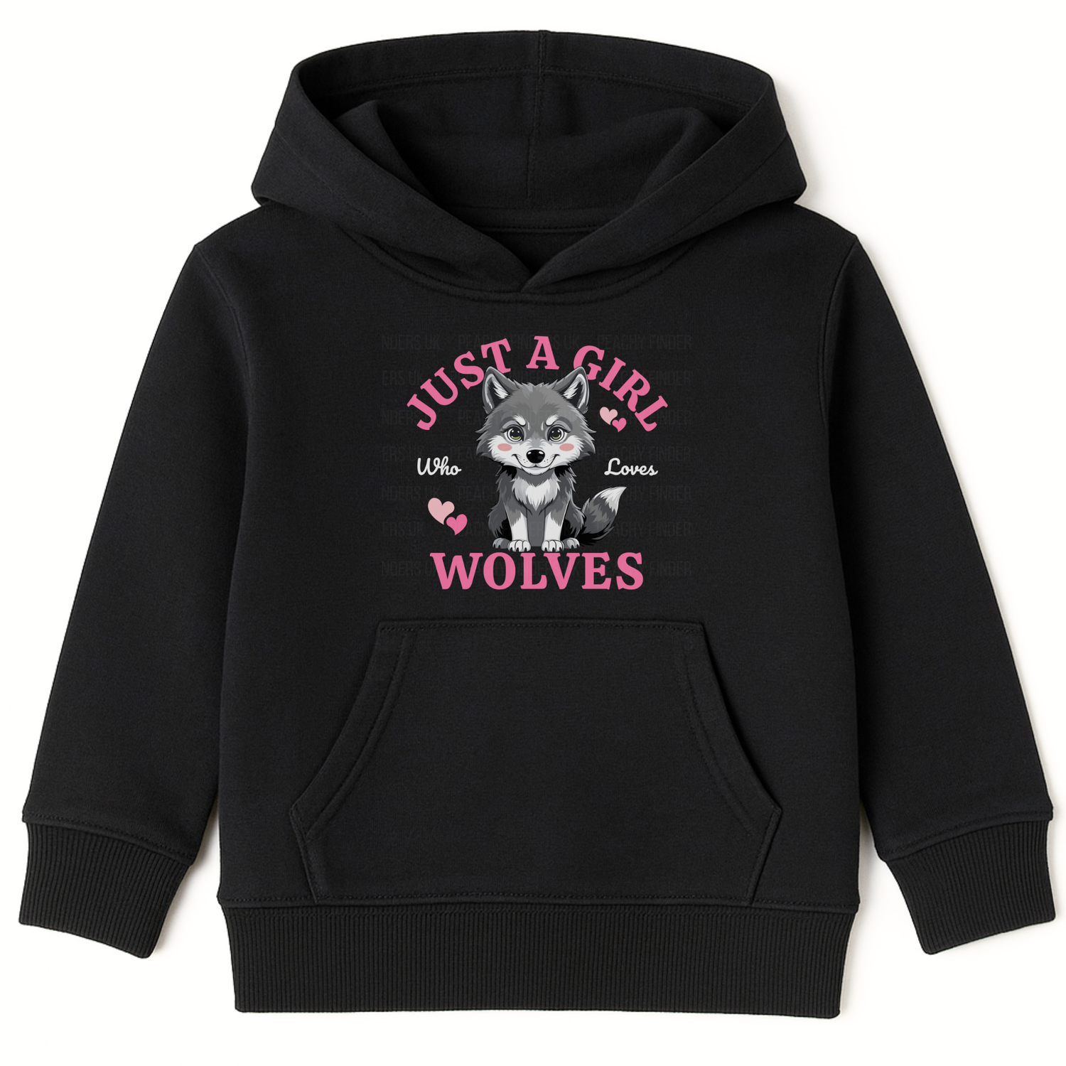 Girls pullover hoodie in black with “Just A Girl Who Loves Wolves” slogan and cute grey wolf pup with pink hearts on the front.