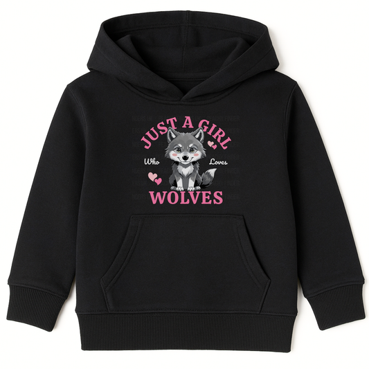 Girls pullover hoodie in black with “Just A Girl Who Loves Wolves” slogan and cute grey wolf pup with pink hearts on the front.