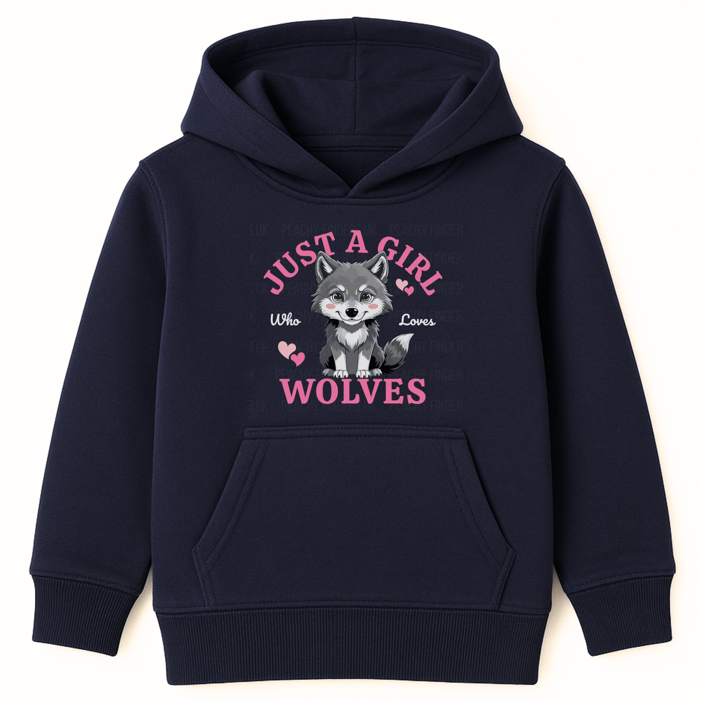 Navy girls hoodie with “Just A Girl Who Loves Wolves” slogan and cute grey wolf pup with pink hearts on the front.