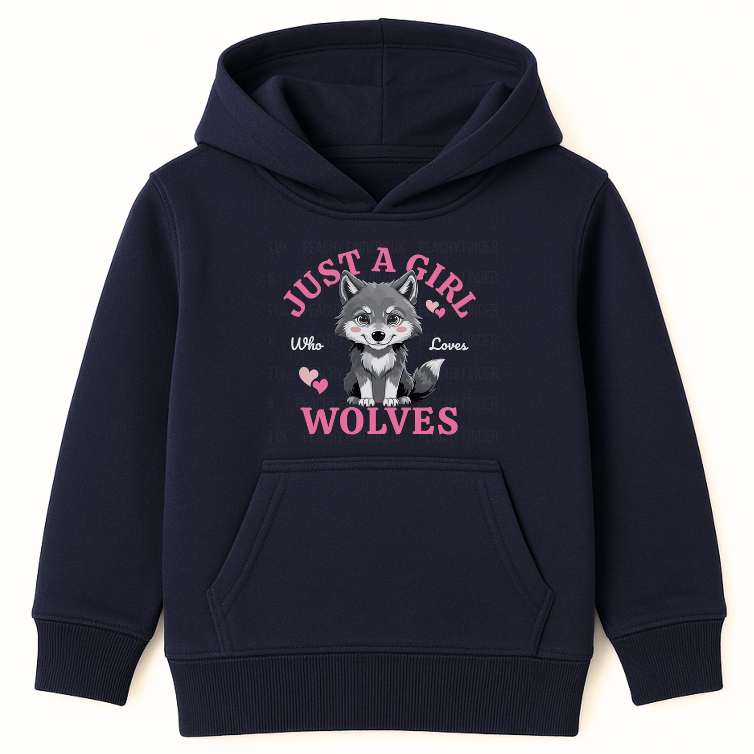 Navy girls hoodie with “Just A Girl Who Loves Wolves” slogan and cute grey wolf pup with pink hearts on the front.