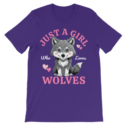 Purple kids T-shirt with “Just A Girl Who Loves Wolves” slogan and cute grey wolf pup with pink hearts, girls wolf top for ages 3–13.