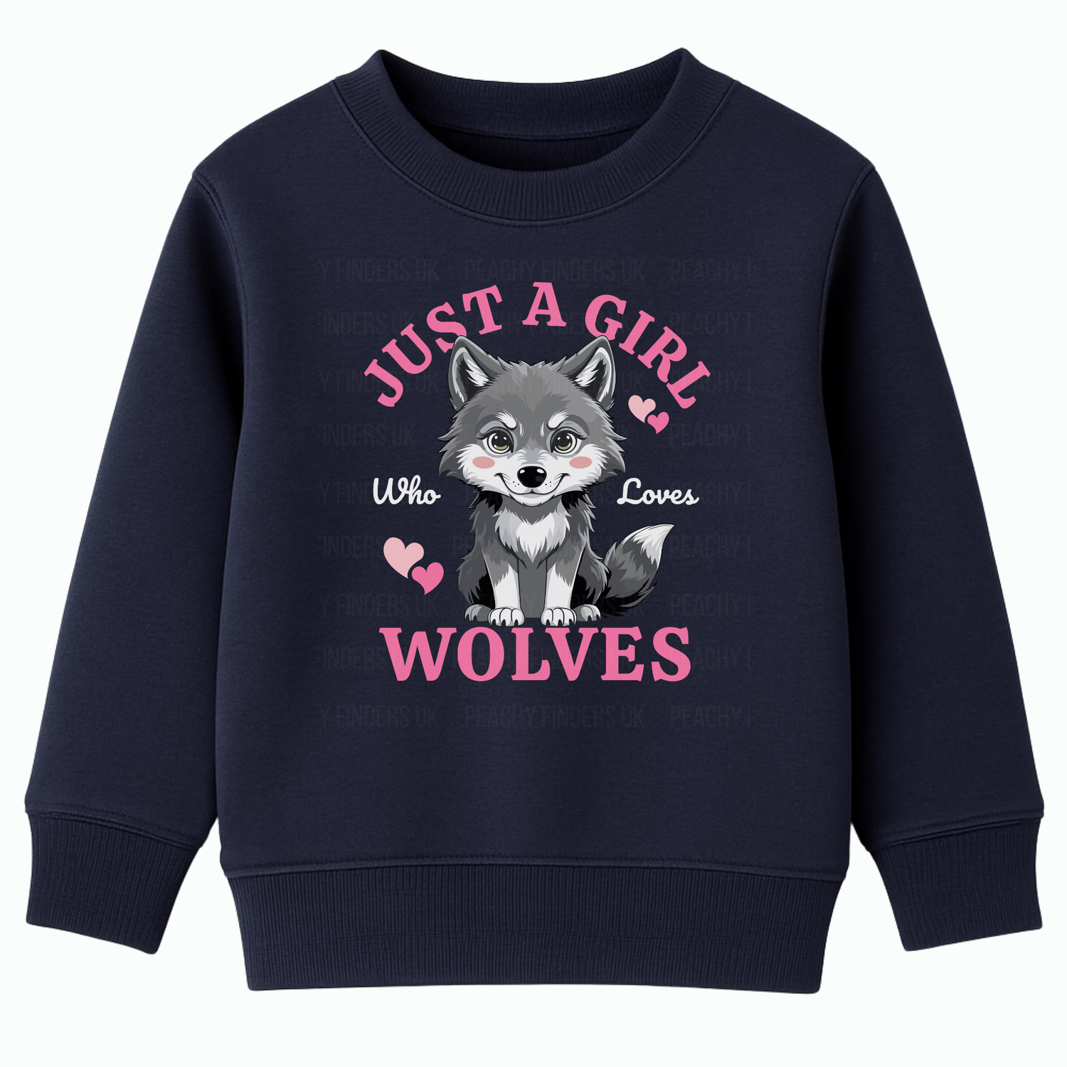 Navy girls sweatshirt with ‘Just A Girl Who Loves Wolves’ slogan and cute grey wolf pup with pink hearts – kids wolf jumper ages 3–13.