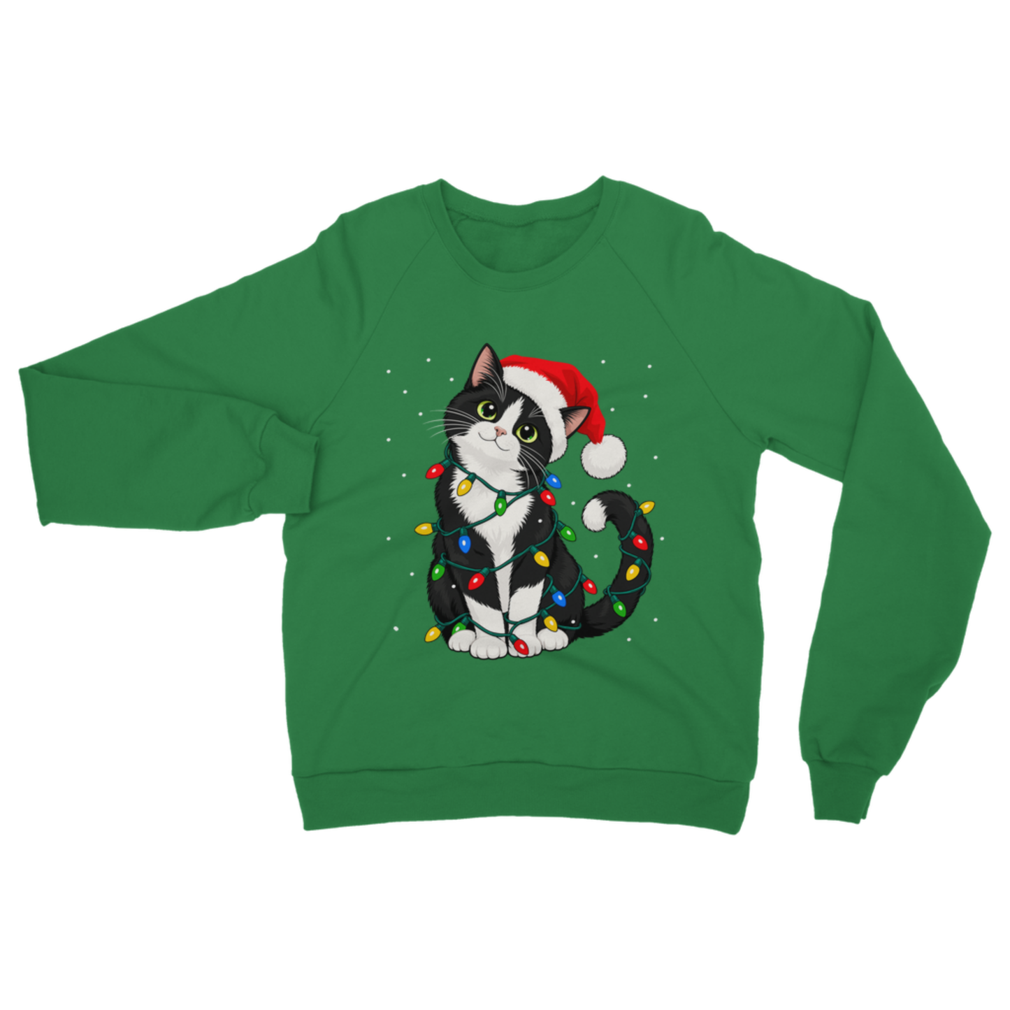 Bright Kelly green adult crewneck sweatshirt featuring a graphic of a black and white tuxedo cat wearing a Santa hat and tangled in colourful Christmas lights.
