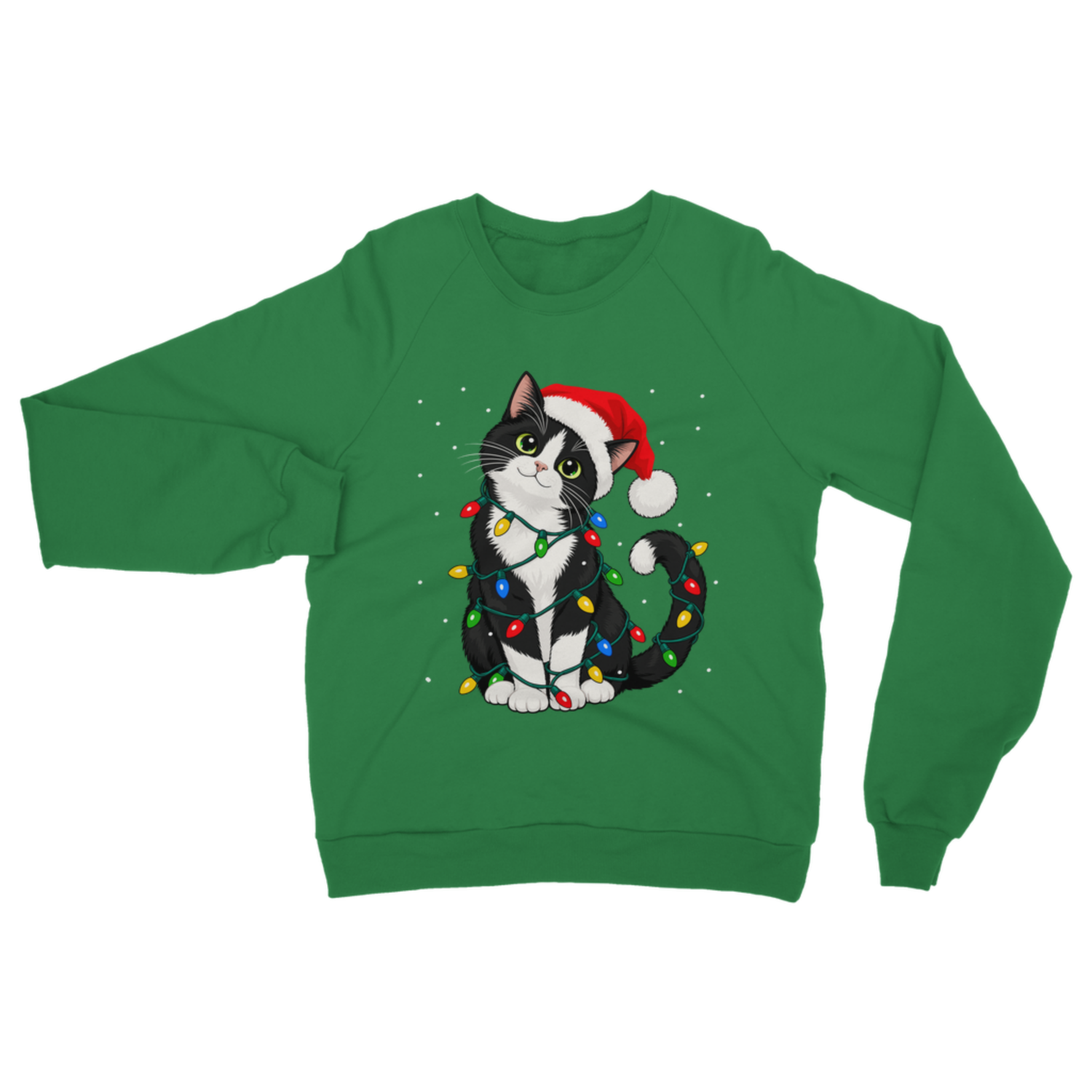 Bright Kelly green adult crewneck sweatshirt featuring a graphic of a black and white tuxedo cat wearing a Santa hat and tangled in colourful Christmas lights.