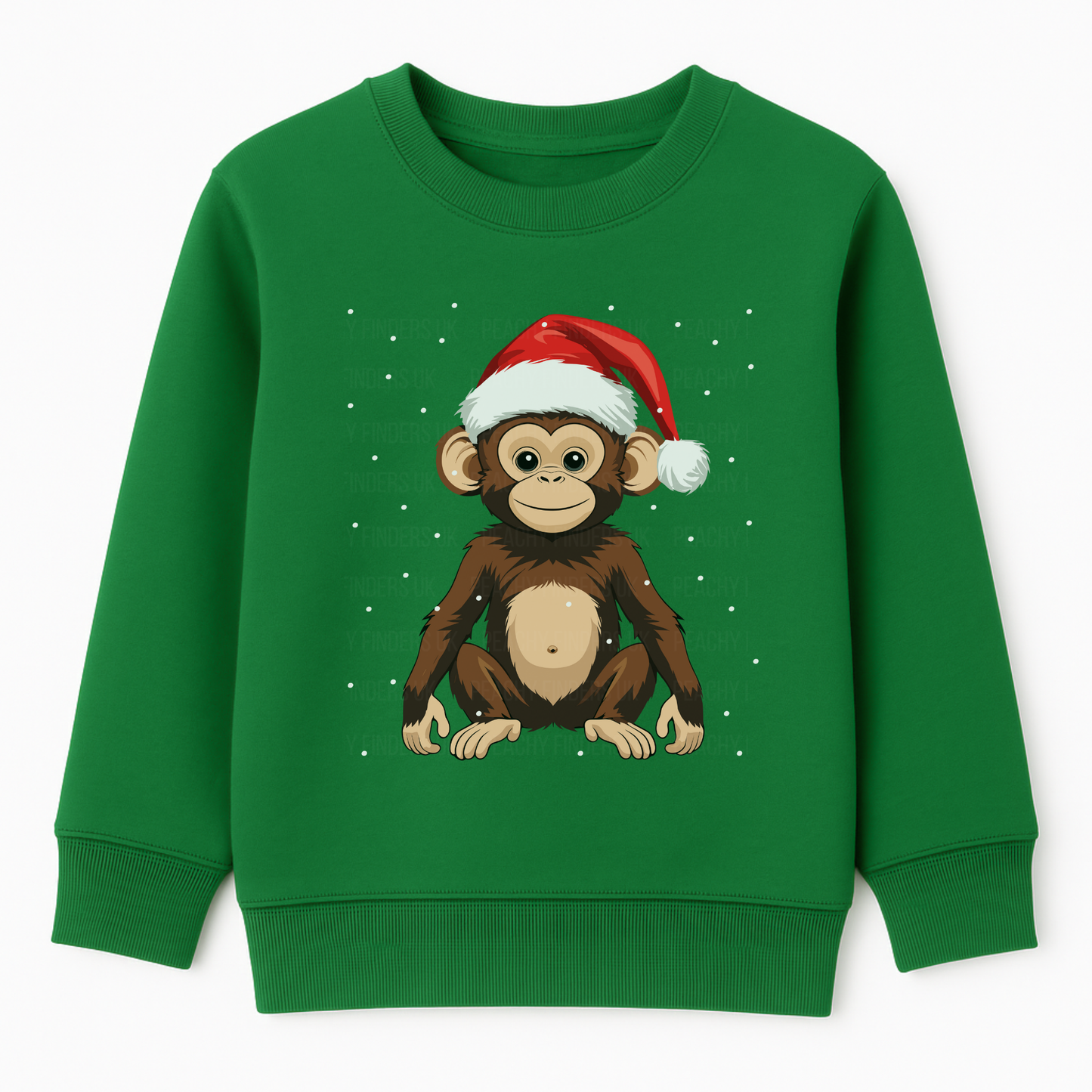 Kids green Christmas sweatshirt featuring a cute monkey wearing a red Santa hat, sitting in snow with falling snowflakes - festive children’s jumper.
