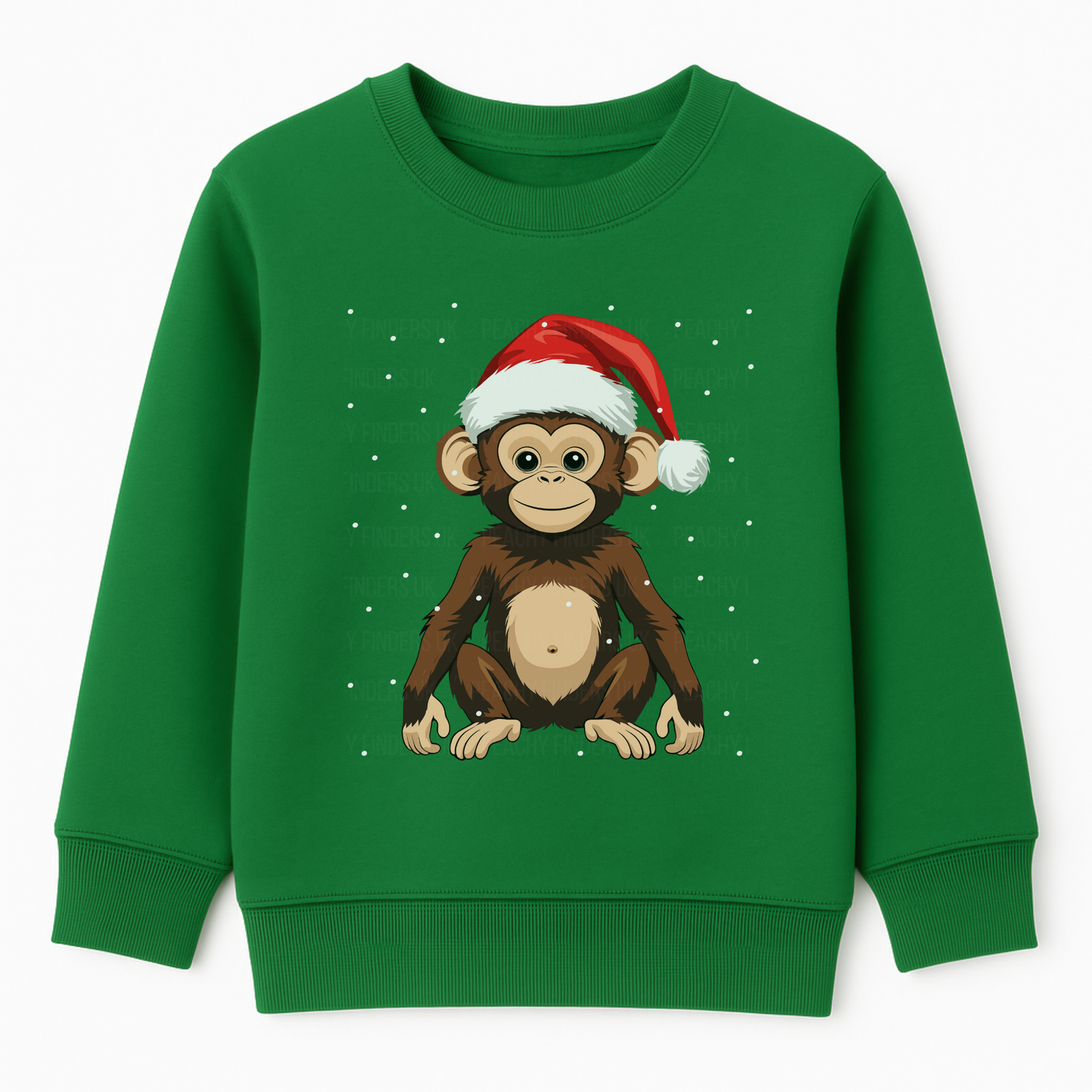 Kids green Christmas sweatshirt featuring a cute monkey wearing a red Santa hat, sitting in snow with falling snowflakes - festive children’s jumper.