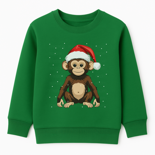 Kids green Christmas sweatshirt featuring a cute monkey wearing a red Santa hat, sitting in snow with falling snowflakes - festive children’s jumper.