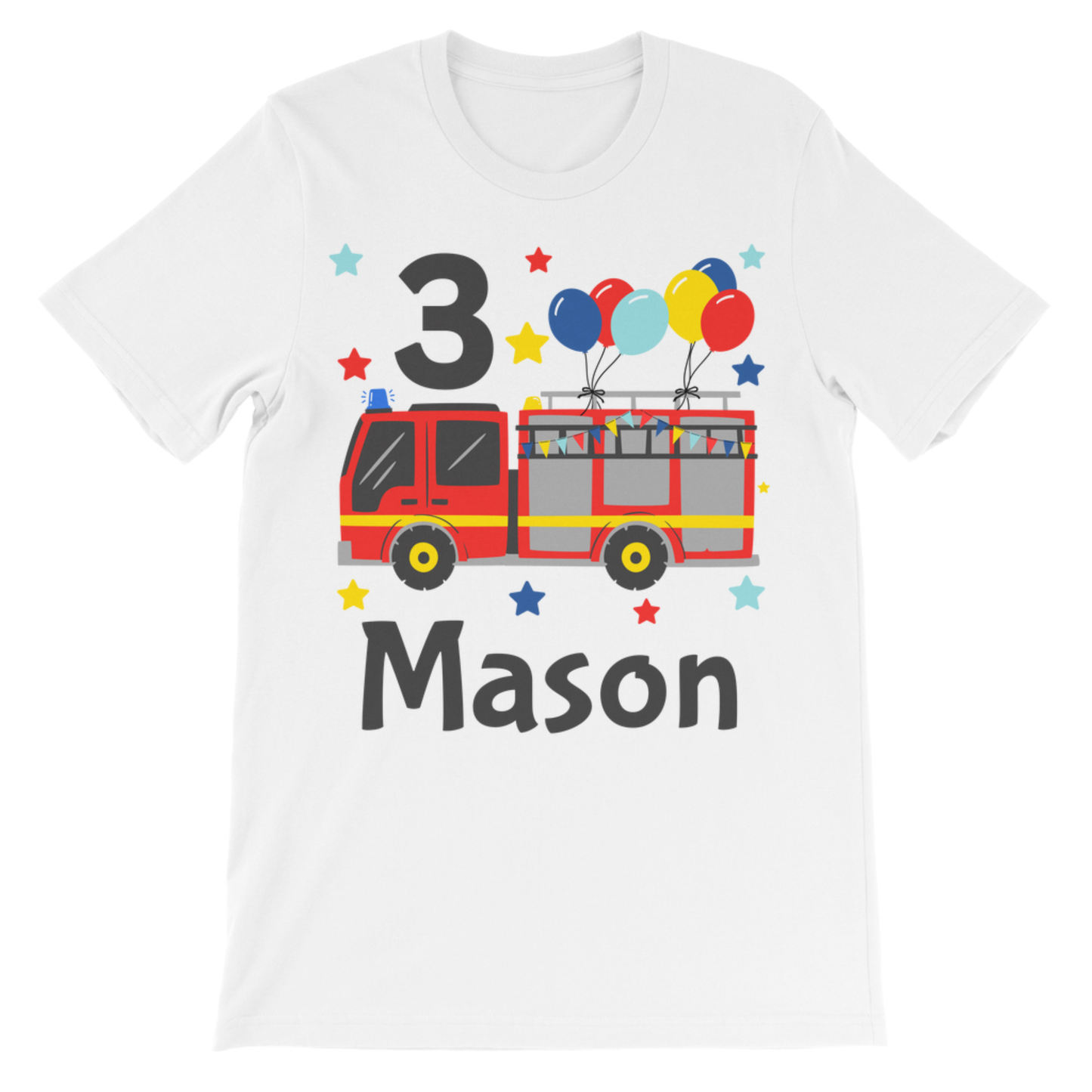 Kids Personalised Birthday Fire Engine T-Shirt - Custom Name & Age (3–8 Yrs)