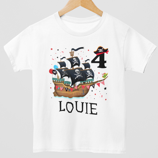 Kids Pirate Ship Birthday T-Shirt - Personalised Name & Age Party Tee (3–9 Years)