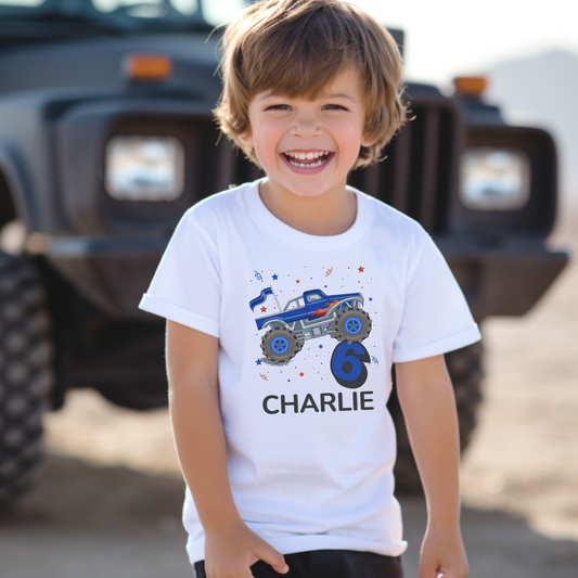 Boys printed Personalised Birthday Monster Truck White Short sleeved T-shirt with name and birthday age. 