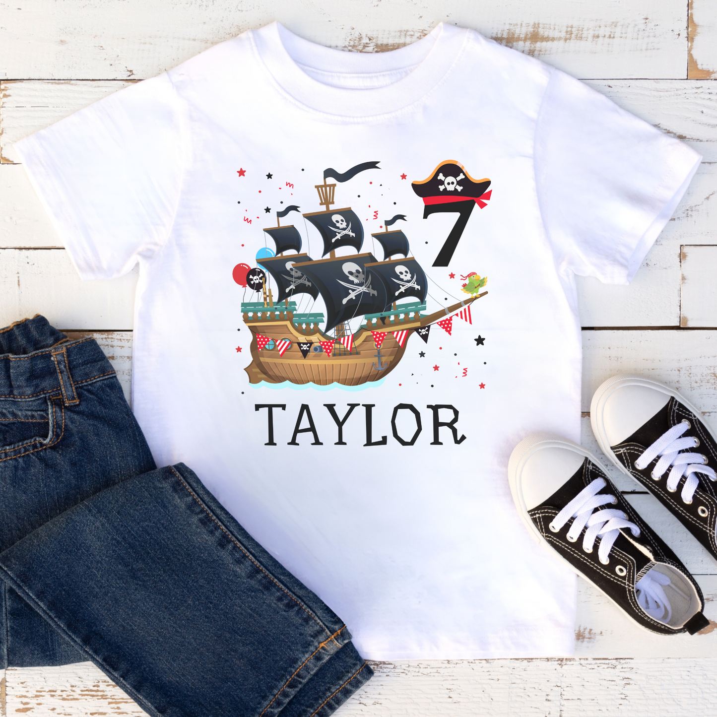 Kids Birthday Pirate Ship Personalised T-shirt | 3 - 9 years