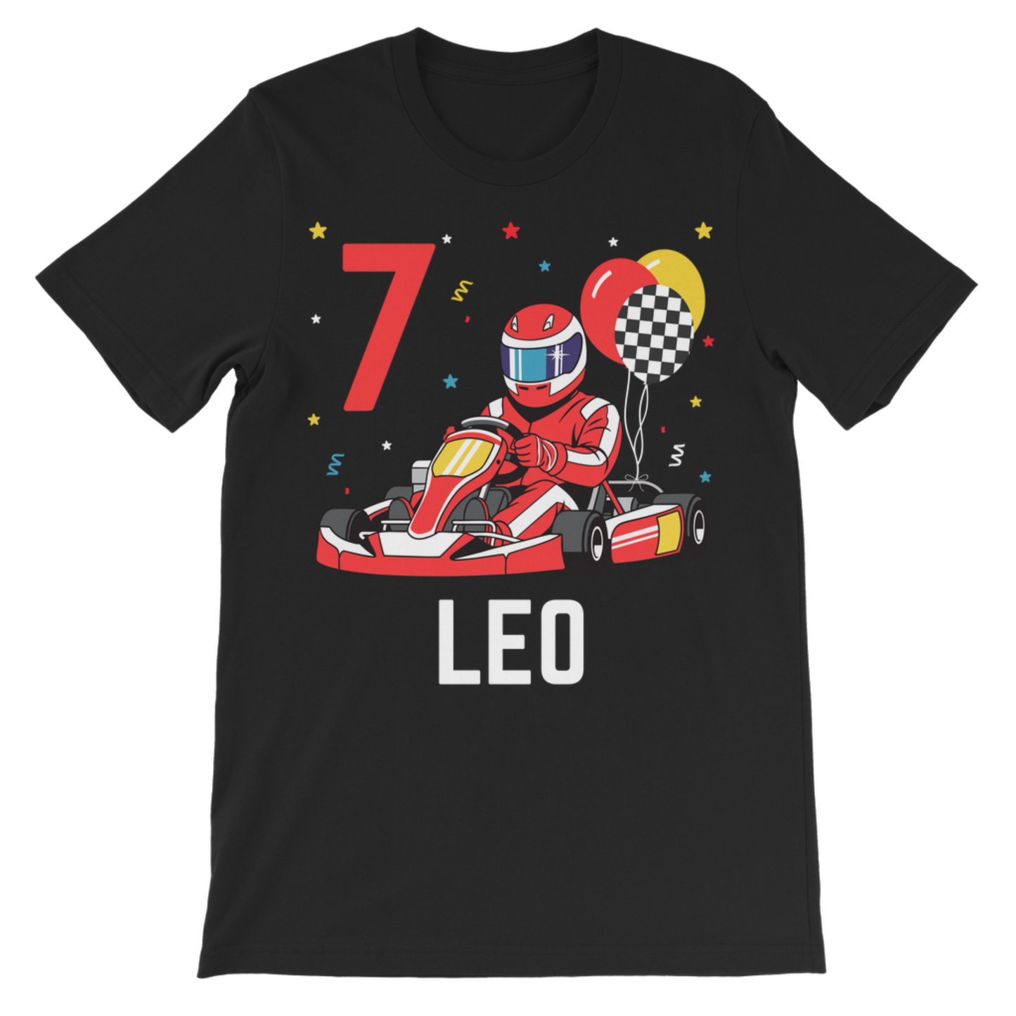 Kids black personalised go-kart birthday t-shirt with red racer, balloons, age 7 and name Leo on the front