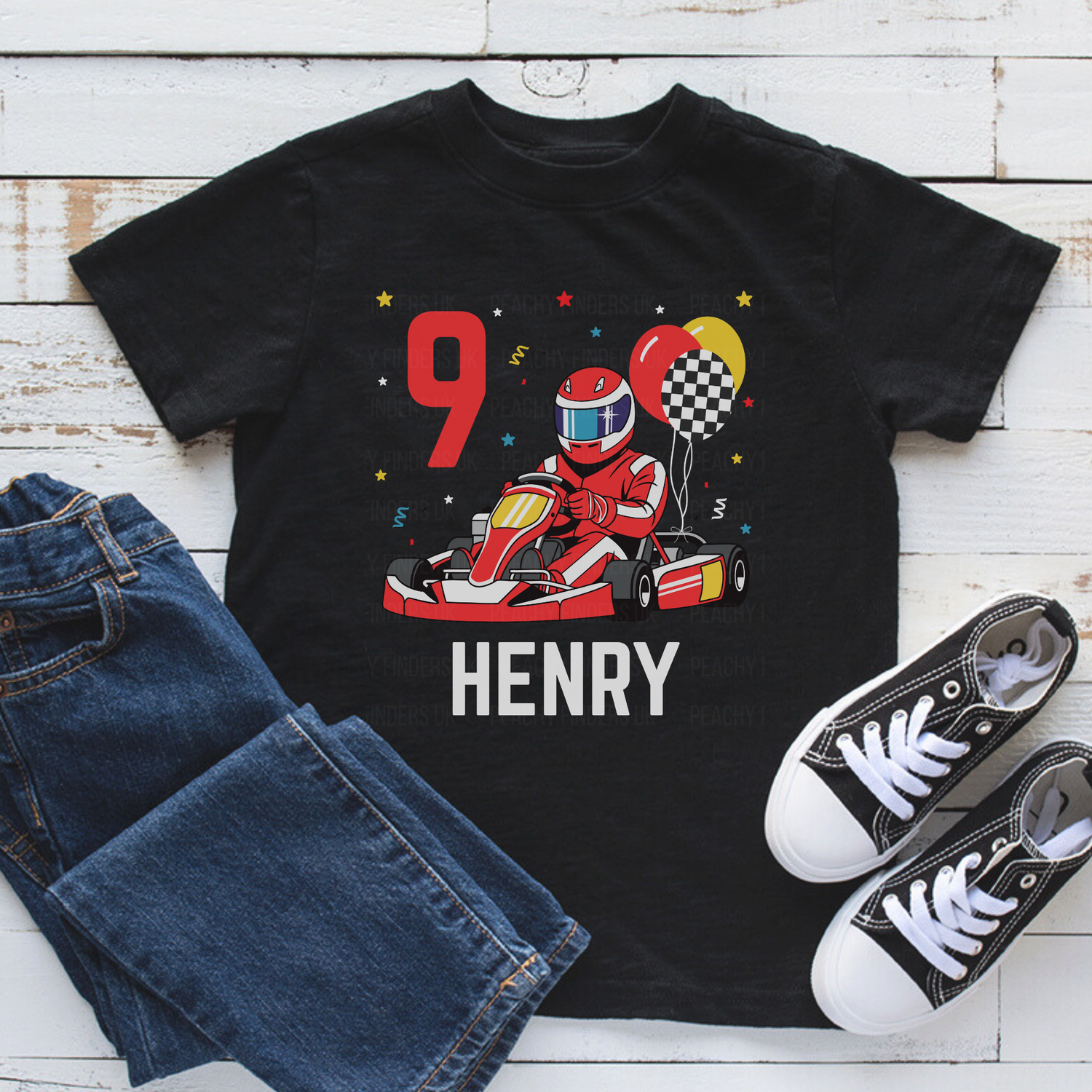 Kids customisable go-kart birthday themed t-shirt with red racer, balloons, age 9 and name Henry printed on the front.