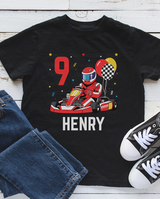 Kids customisable go-kart birthday themed t-shirt with red racer, balloons, age 9 and name Henry printed on the front.