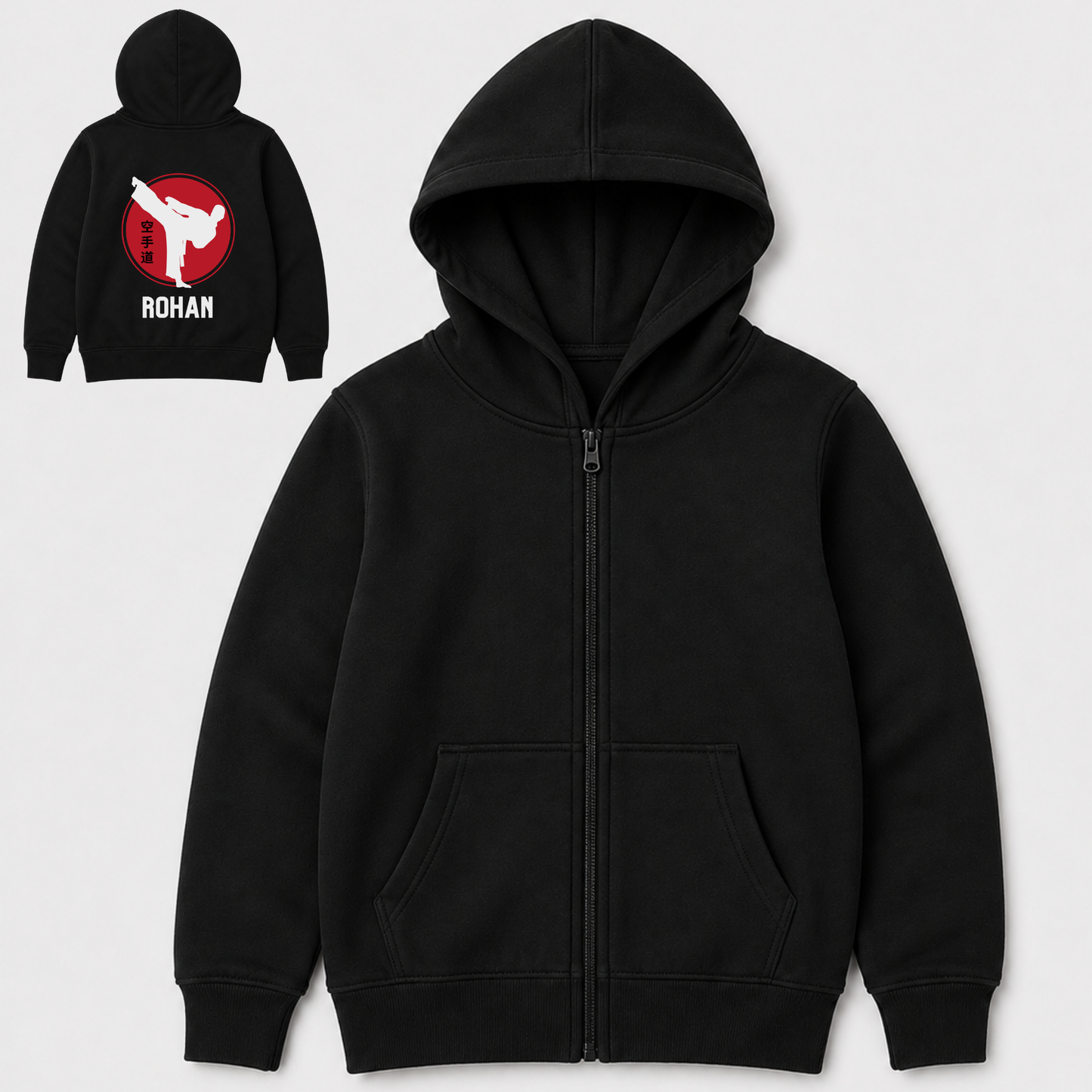 Kids personalised karate zip hoodie with large red and white martial arts graphic and custom name Rohan printed on the back.