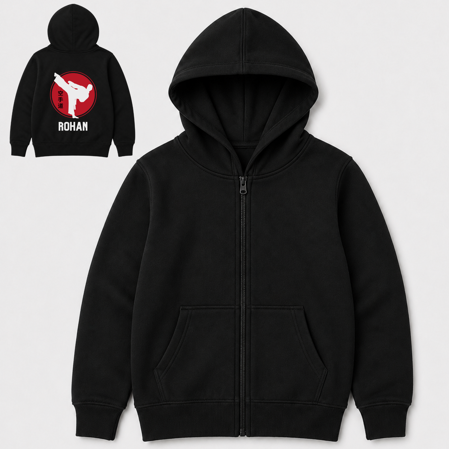 Kids personalised karate zip hoodie with large red and white martial arts graphic and custom name Rohan printed on the back.