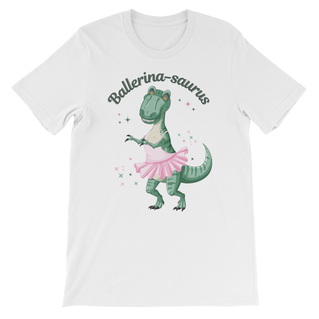 Girls white cotton t-shirt with a dinosaur wearing a pink ballet skirt, 'Ballerina-saurus' arched text, green and pink stars