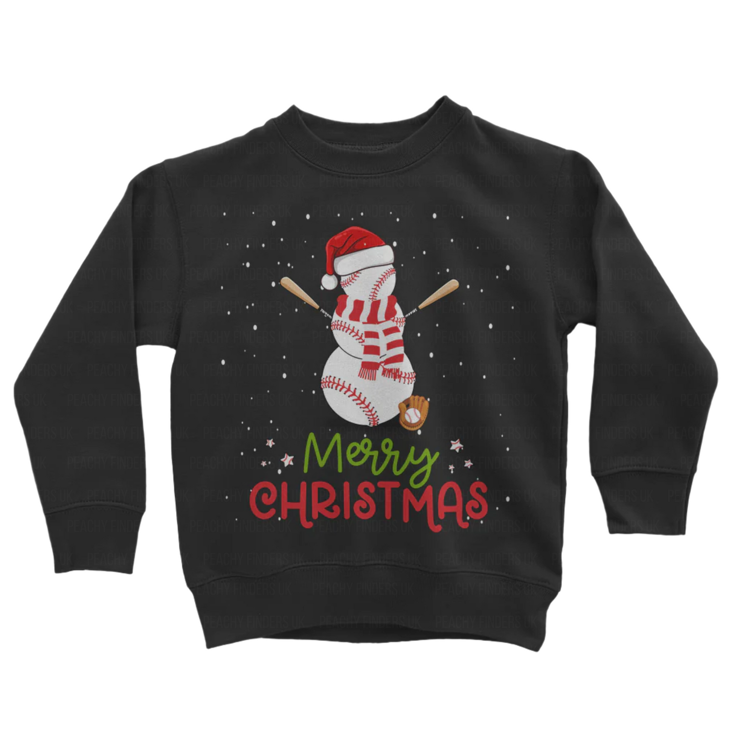 Black sweatshirt with a snowman design and 'Merry Christmas' text on a white background