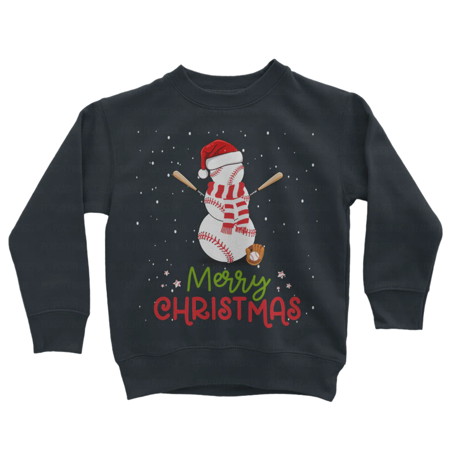 Children's navy sweatshirt with a baseball themed snowman design and 'Merry Christmas' text on a white background