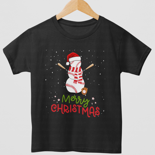 Kids Baseball Snowman Christmas T-shirt