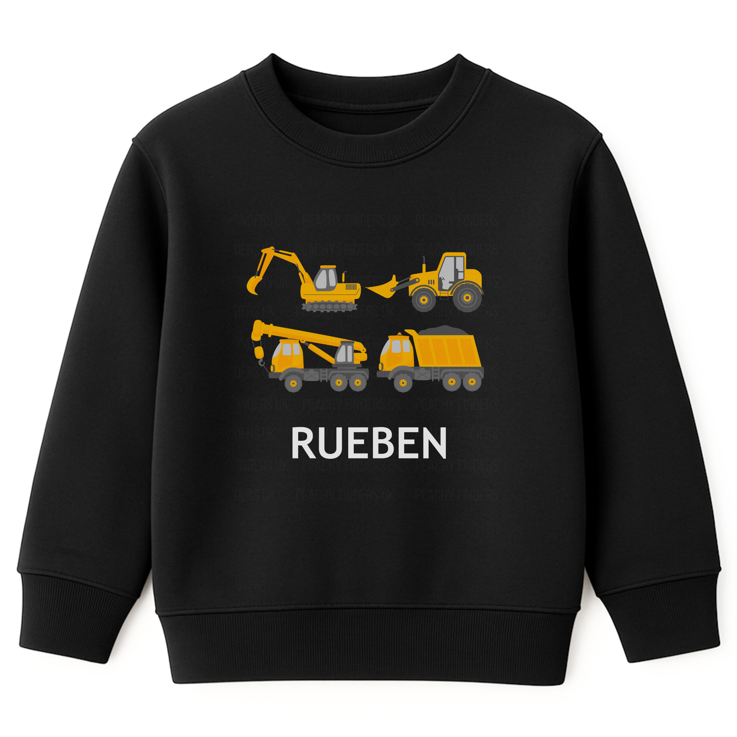 Kids black sweatshirt with yellow construction vehicles - excavator, bulldozer, tractor, crane truck and tipper -custom name “Rueben” printed underneath.