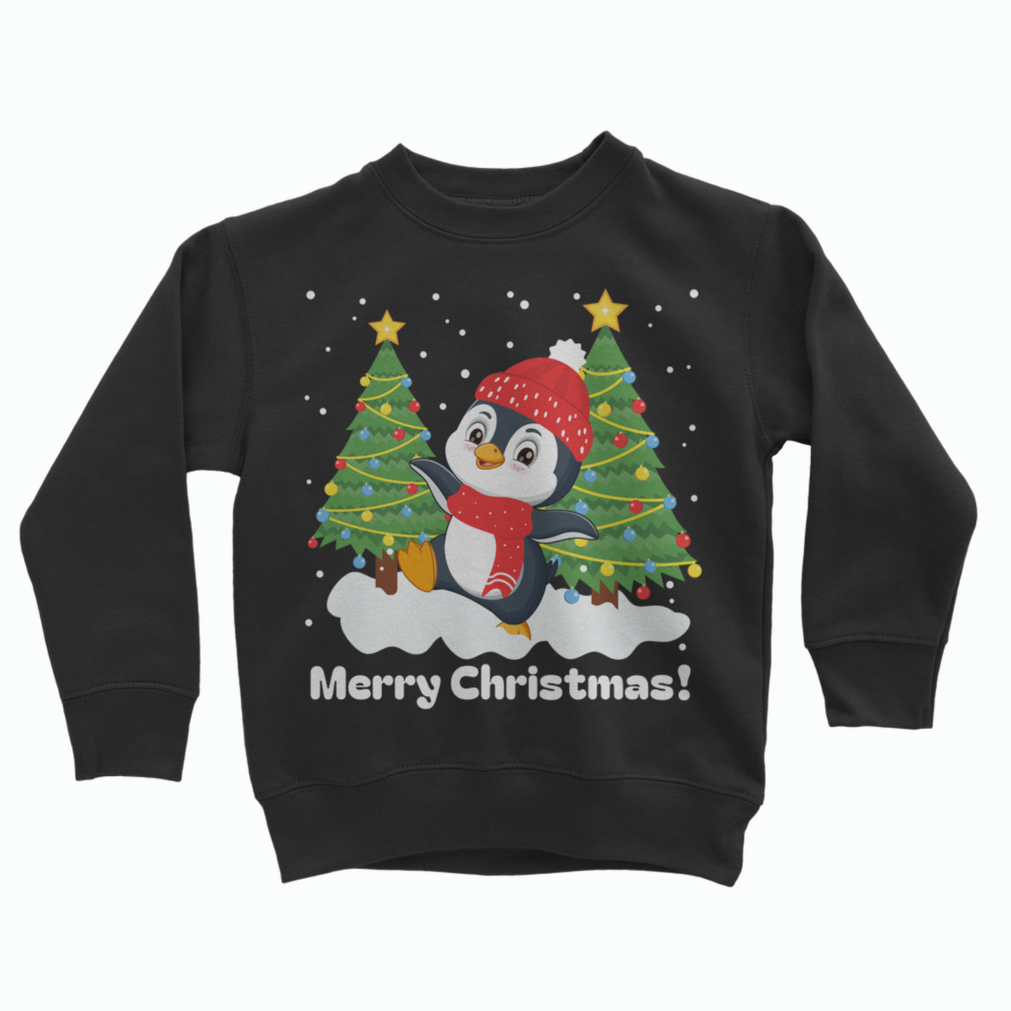 Kids’ black Christmas jumper featuring a dancing penguin in a red hat and scarf, decorated trees and “Merry Christmas!” wording.