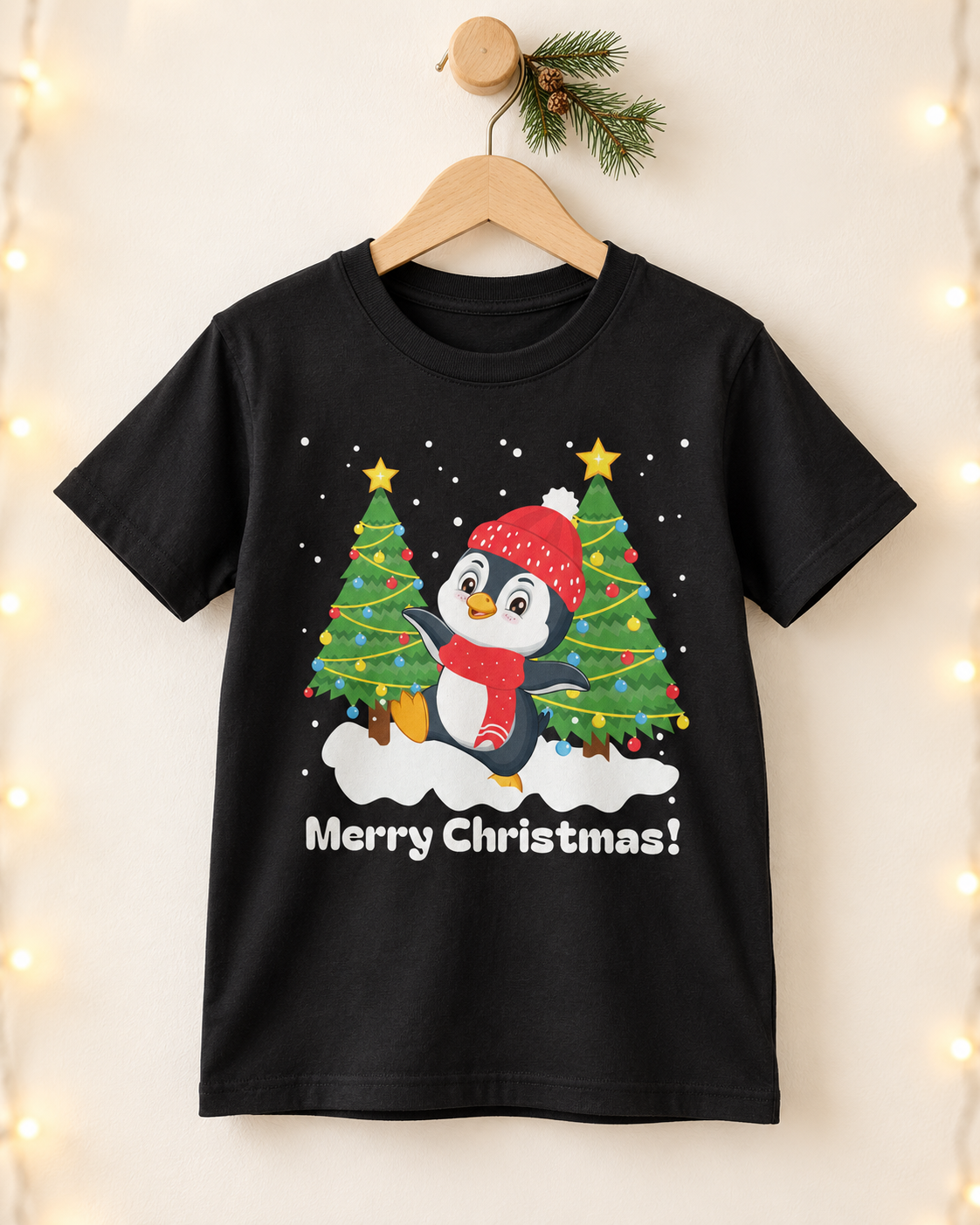 Kids’ black Christmas T-shirt on a wooden hanger, featuring a dancing penguin in a red hat and scarf, festive trees and “Merry Christmas!” text.