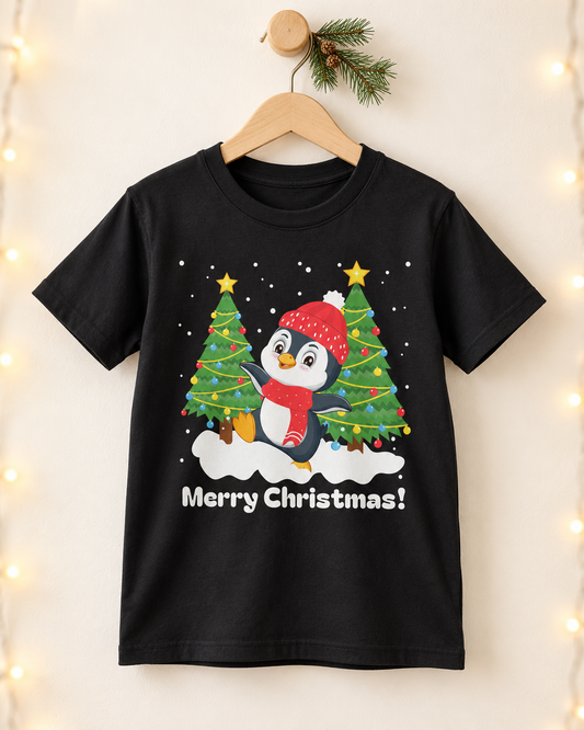 Kids’ black Christmas T-shirt on a wooden hanger, featuring a dancing penguin in a red hat and scarf, festive trees and “Merry Christmas!” text.