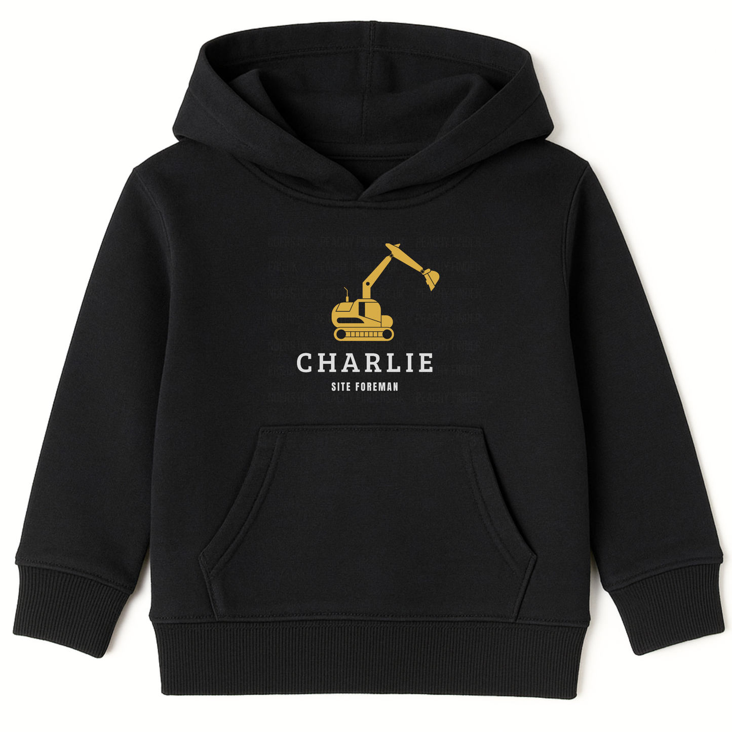 Kids black pullover hoodie featuring a yellow digger graphic with personalised name and “Site Foreman” text printed on the chest.