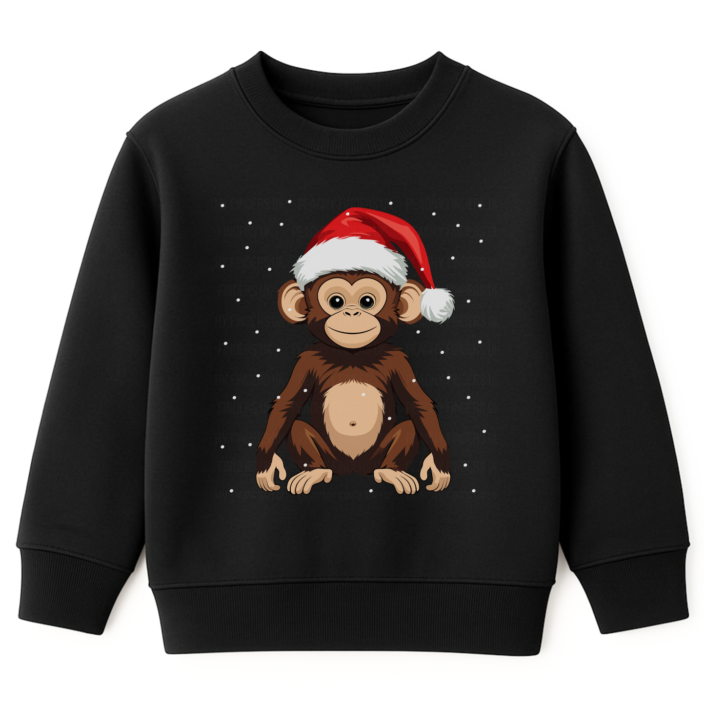 Kids black Christmas sweatshirt featuring a cute monkey wearing a red Santa hat, sitting in snow with falling snowflakes - festive children’s jumper.