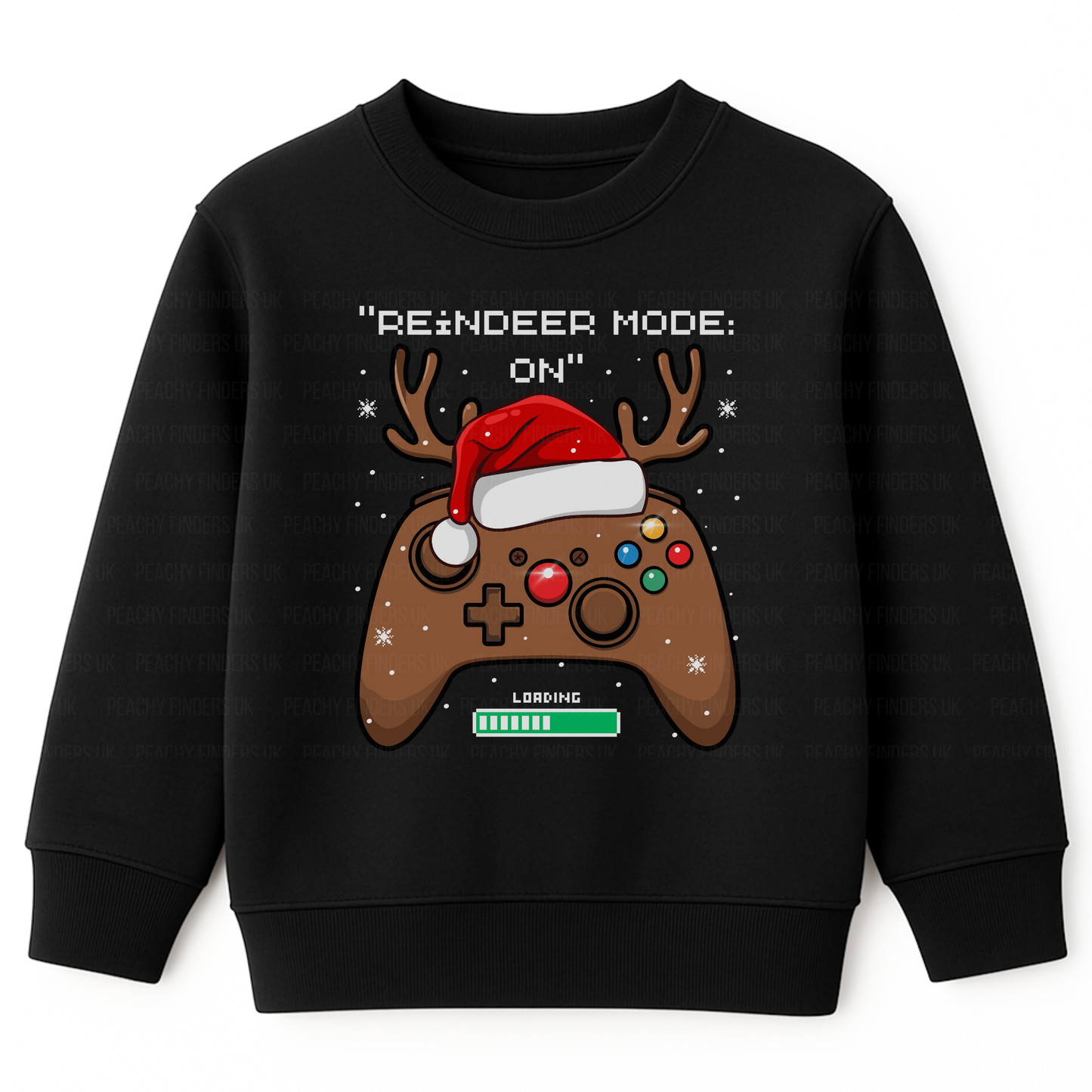 Kids black Christmas jumper with a reindeer-themed gaming controller design and the slogan “Reindeer Mode: ON”