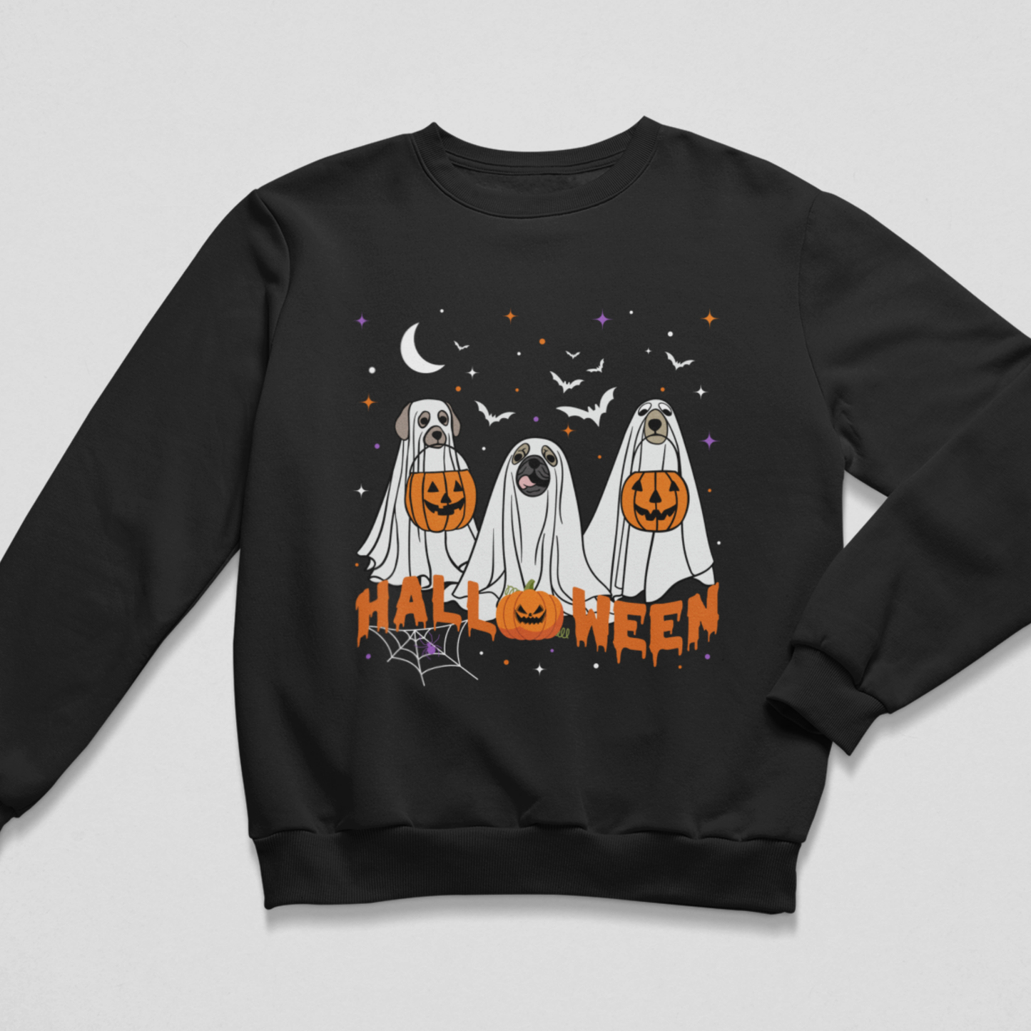Kids’ black Halloween sweatshirt featuring three dogs dressed as ghosts, pumpkin buckets, bats and orange “Halloween” lettering.