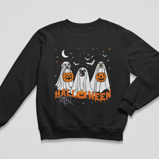 Kids’ black Halloween sweatshirt featuring three dogs dressed as ghosts, pumpkin buckets, bats and orange “Halloween” lettering.