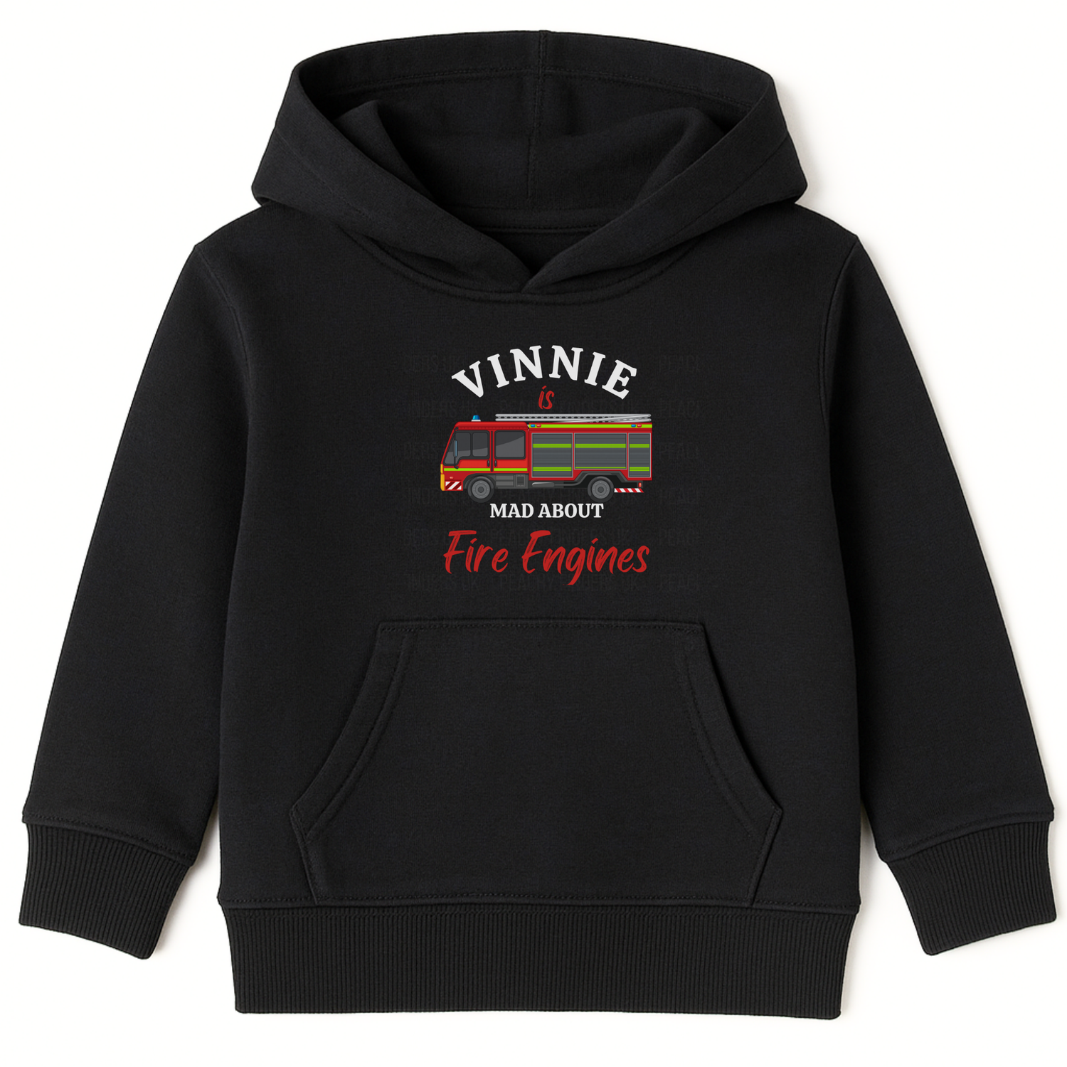 Kids personalised Mad About Fire Engines black hooded sweatshirt with a colourful British fire engine graphic and name on the front.