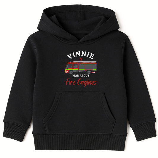 Kids personalised Mad About Fire Engines black hooded sweatshirt with a colourful British fire engine graphic and name on the front.
