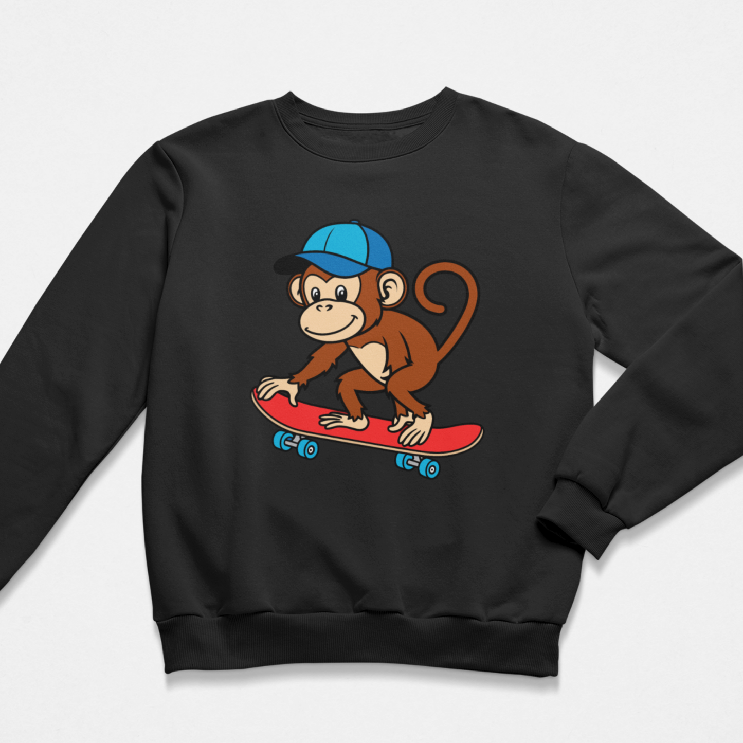 Kids black cotton-rich sweatshirt with a monkey on a skateboard design