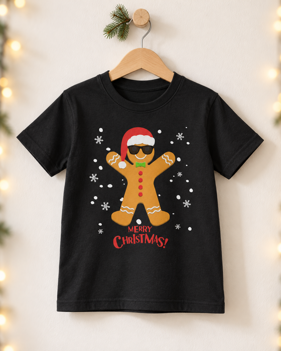 A black short-sleeve kids' t-shirt hanging on a wooden hanger against a warm beige wall with soft holiday string lights. The shirt features a graphic of a gingerbread man wearing a Santa hat and sunglasses, surrounded by white snowflakes, with 'MERRY CHRISTMAS!' printed in red below.