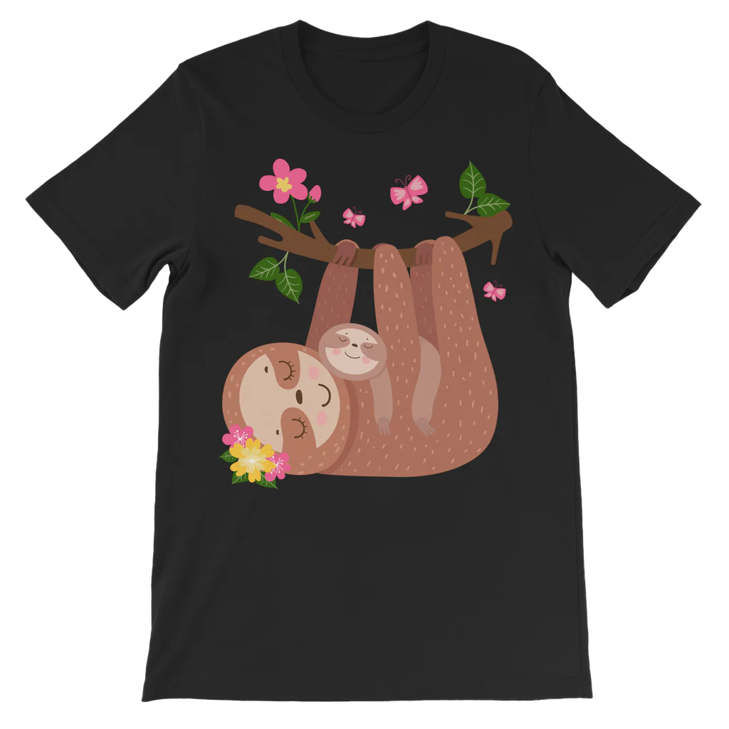 Black kids T-shirt featuring a mother sloth and baby sloth hanging from a branch with pink flowers, green leaves and butterflies.