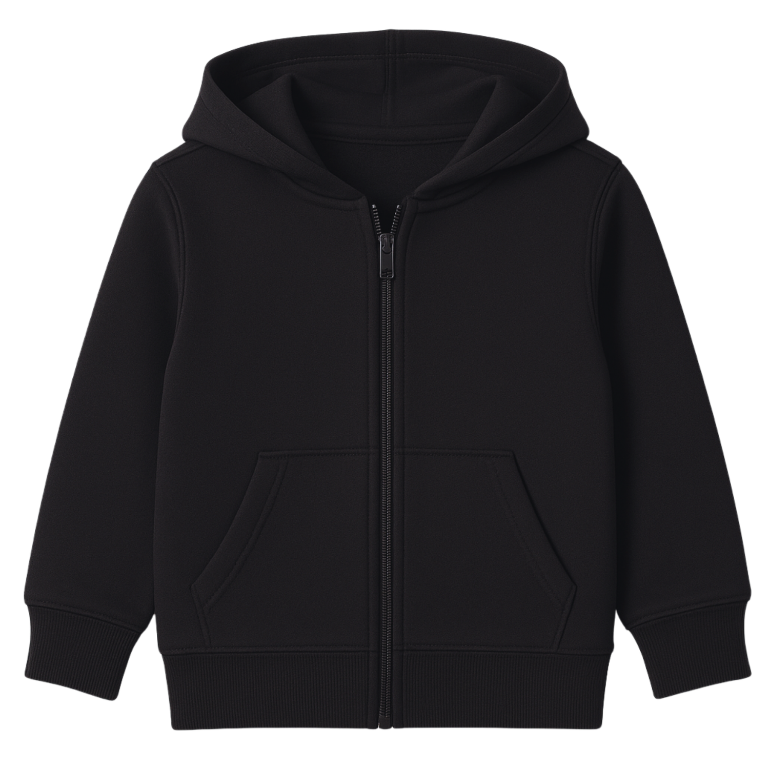 Plain black kids zip hoodie mockup showing front view with zip and pockets.