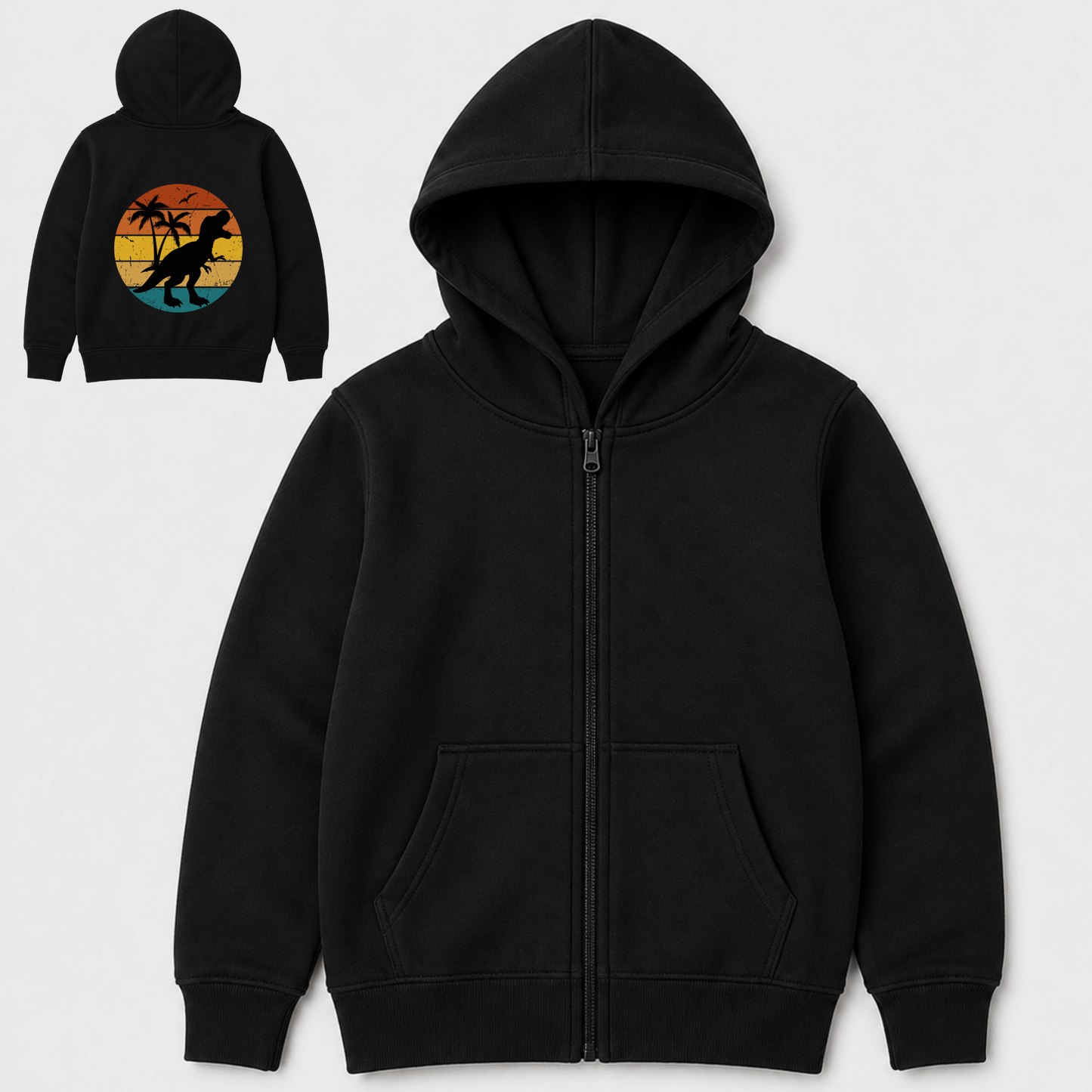 Kids black zip hoodie showing plain front with matching black zip and retro sunset T-Rex back print design.