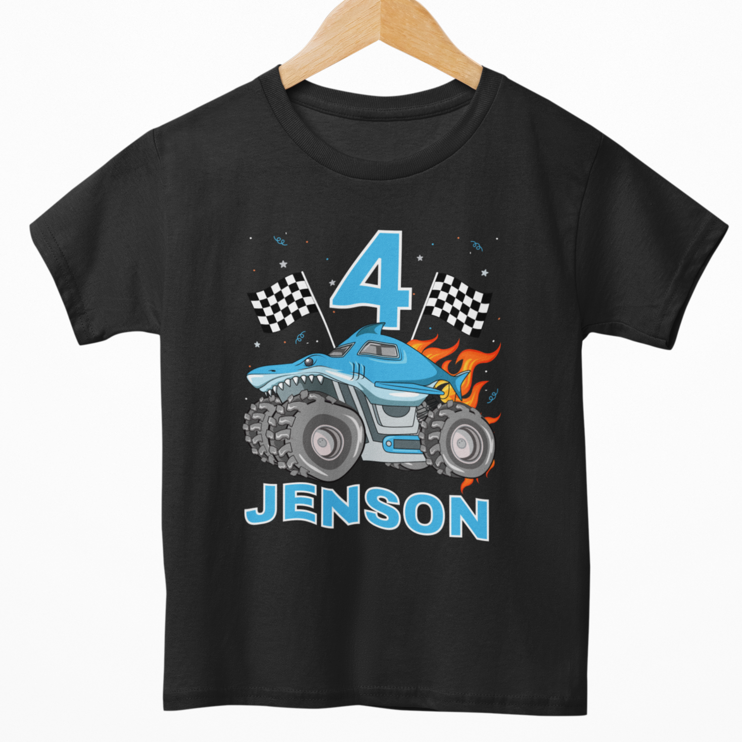 Black t-shirt with a blue monster truck graphic and '4 Jenson' text on a hanger.
