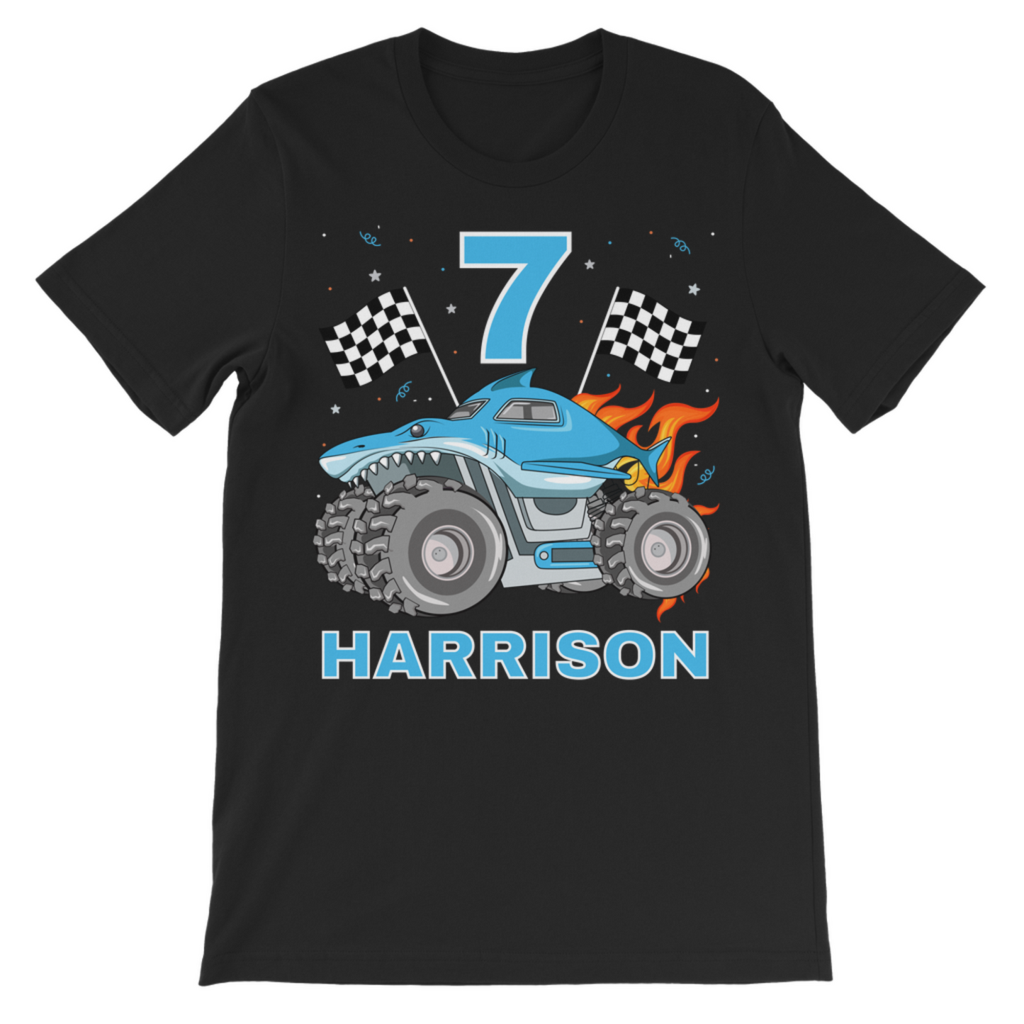 Kids t shirt in black with blue monster truck, large number 7 and personalised name Harrison in blue and white text