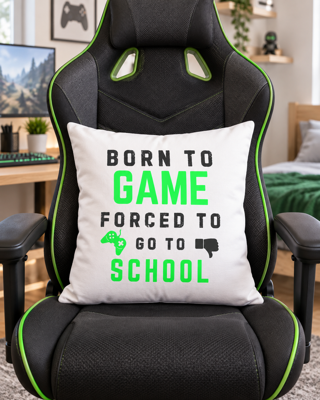 Born to Game Forced to Go to School cushion displayed on a black and green gaming chair in a child’s bedroom.