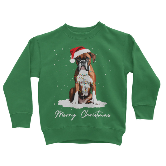 Kids green Christmas jumper with an printed graphic of a Boxer dog wearing a Santa hat, wrapped in fairy lights with falling snow and the text 'Merry Christmas'.