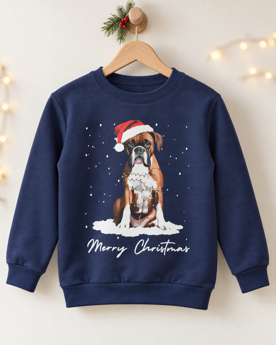 Kids navy Christmas jumper featuring a Boxer dog in a Santa hat and colourful festive lights, displayed on a wooden hanger.