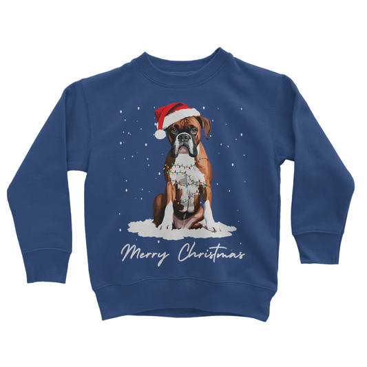 Kids royal blue Christmas jumper with an printed graphic of a Boxer dog wearing a Santa hat, wrapped in fairy lights with falling snow and the text 'Merry Christmas'.