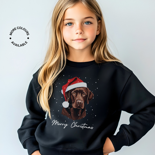 A child wearing a black sweatshirt with an image of a brown Labrador wearing a Santa hat and the text 'Merry Christmas'